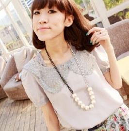 Sweet Hollow-out Lapel Chiffon Blouse Light Grey