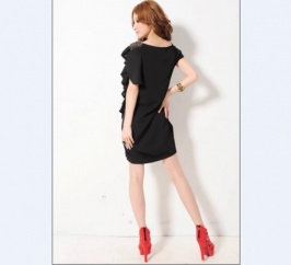 Korean Beads Irregular Frills Design Zipper Dress Black US stock