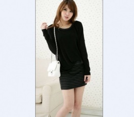 Korean Stripe Long Sleeve Fake Three-piece Dress Black