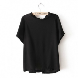 Solid Color Zipper Design Short Sleeves Chiffon Blouse Black US stock