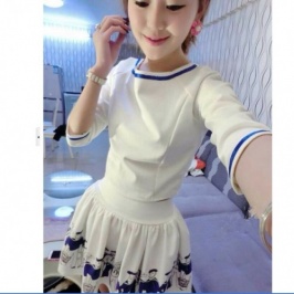 Fashion Navy Small Head Design 7 Minutes Of Sleeve Round Neck Dress White