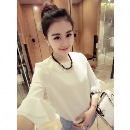 Fashion Horn Sleeve Sweet Pure Color Chiffon Unlined Upper Garment Shirt White