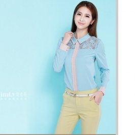 Fashion Single-breasted Long Sleeve Lace Chiffon Shirt Apricot