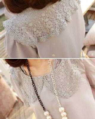 Sweet Hollow-out Lapel Chiffon Blouse Light Grey 