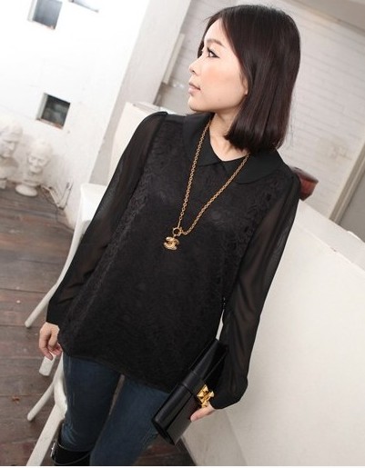 Simple Design Lace Embellished Loose Chiffon Blouse Black US stock