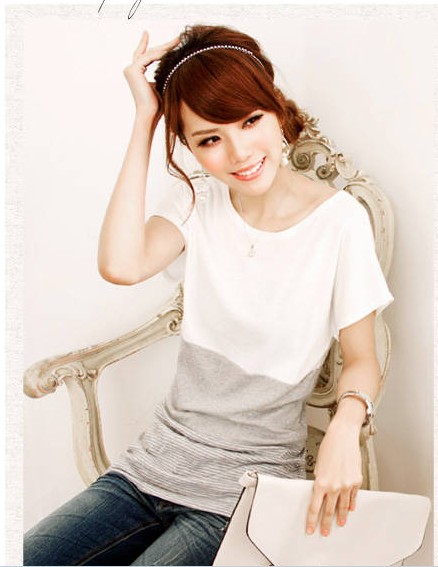 Korean Color Block Lengthened T-shirt Light Grey