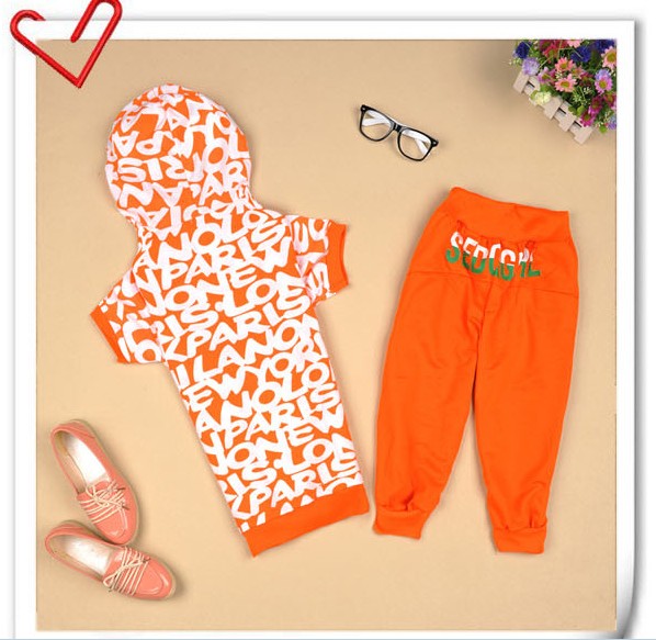 Korean Hooded Letters Printed Leisure Suit Orange US stock