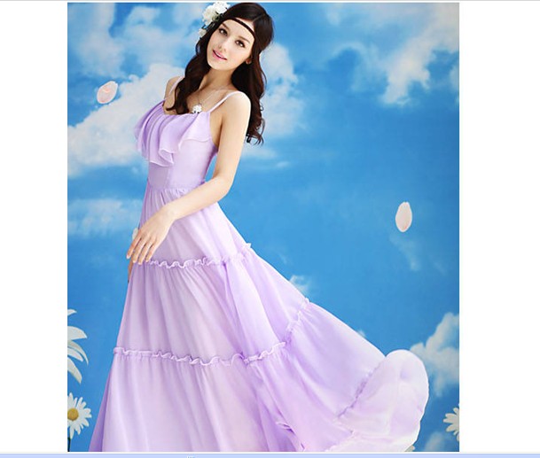 Elegante Estilo bohemio Braces Frills Maxi vestido p??rpura US stock