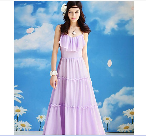 Elegante Estilo bohemio Braces Frills Maxi vestido p??rpura US stock