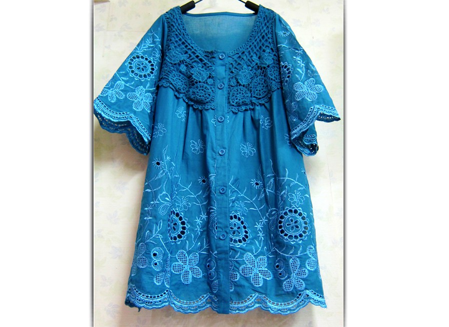 Fashion Flower Button Woman??s Blouse Blue US stock