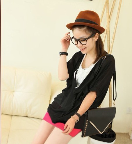 Western Style Two Pocket Embellished V-neck Chiffon Blouse Black US stock