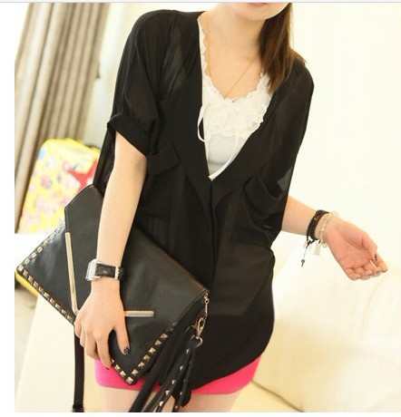 Western Style Two Pocket Embellished V-neck Chiffon Blouse Black US stock