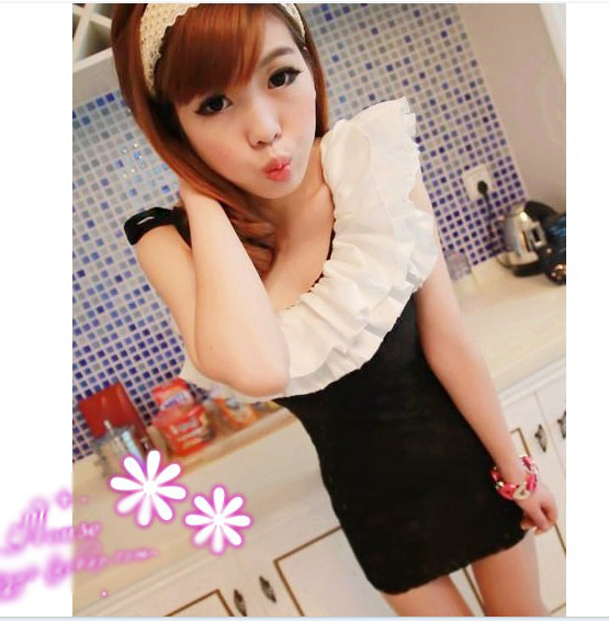 High Quality Frills Lace Oblique Shoulder Dress Black