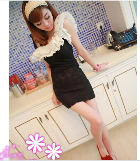 High Quality Frills Lace Oblique Shoulder Dress Black