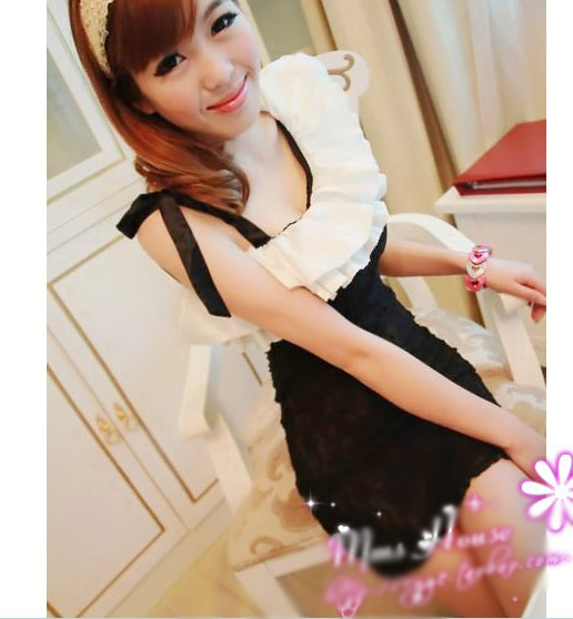 High Quality Frills Lace Oblique Shoulder Dress Black