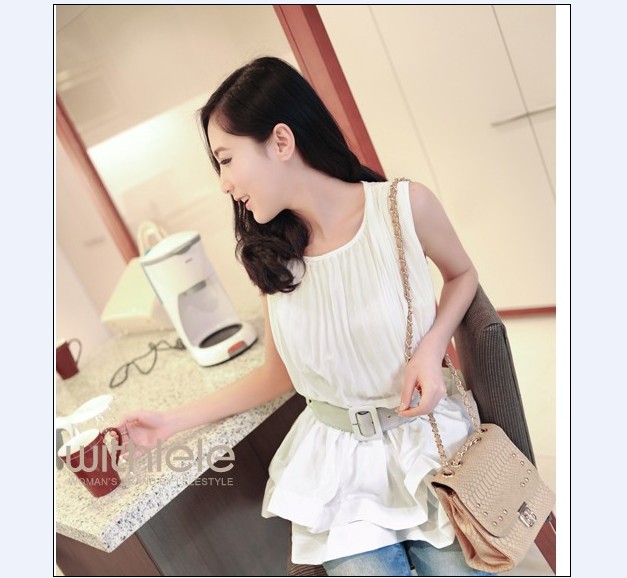 Stylish Pleat Design Layered Dress With Belt White