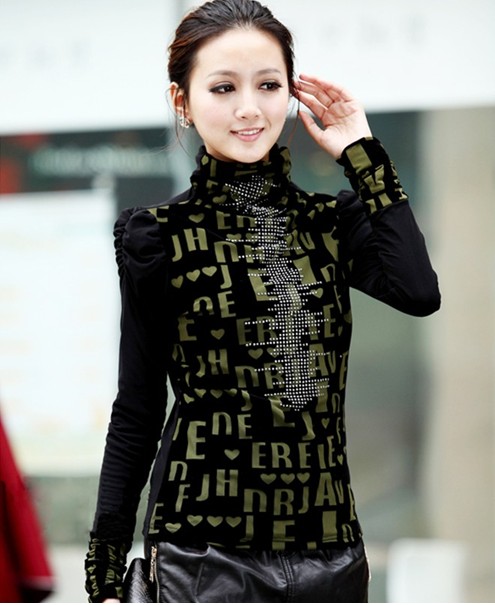 High Quality High Collar Thick Rhinestones Blouse Green