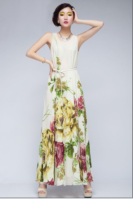 vestido de estilo bohemio decorado de belta de color floral se vende bien