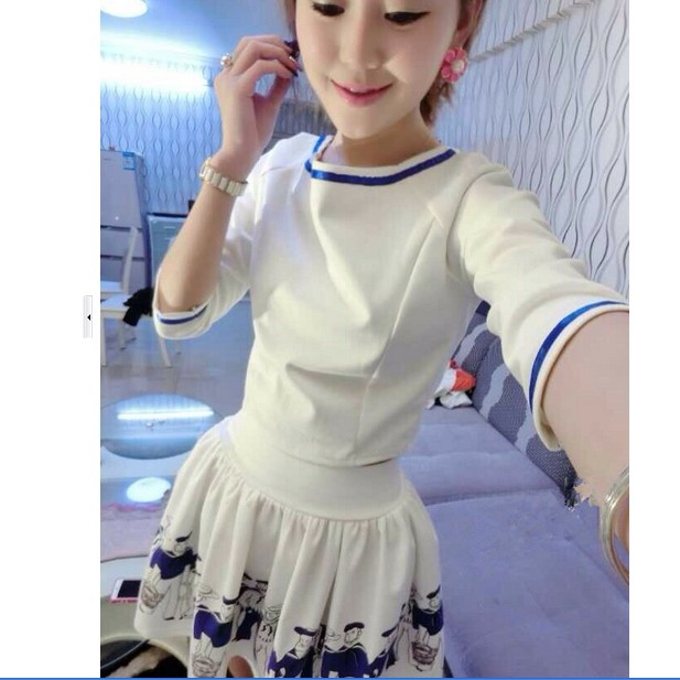 Fashion Navy Small Head Design 7 Minutes Of Sleeve Round Neck Dress White