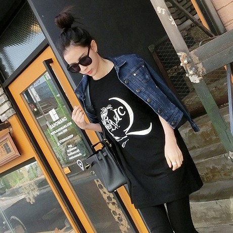 Fashion Cartoon Printed Round Neck Short Sleeve T-shirt Black