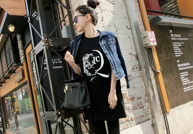 Fashion Cartoon Printed Round Neck Short Sleeve T-shirt Black