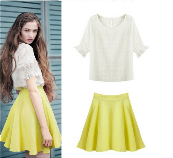 Fashion Round Neck Short Sleeve Loose Blouse + short skirt suit two-piece outfit