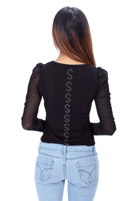 Blusa color negro con mangas largas escote V estilo sexy se vende bien