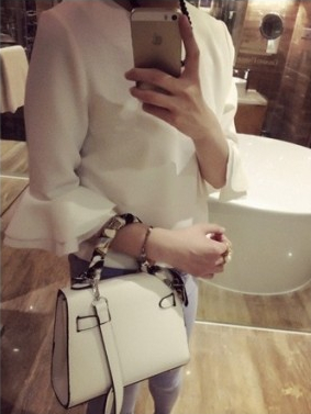 Fashion Horn Sleeve Sweet Pure Color Chiffon Unlined Upper Garment Shirt White