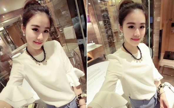 Fashion Horn Sleeve Sweet Pure Color Chiffon Unlined Upper Garment Shirt White