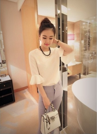 Fashion Horn Sleeve Sweet Pure Color Chiffon Unlined Upper Garment Shirt White