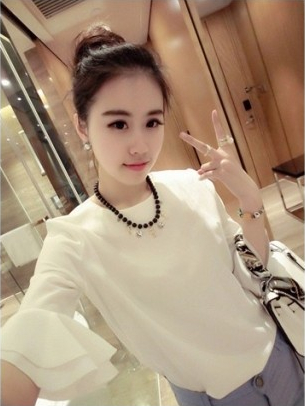 Fashion Horn Sleeve Sweet Pure Color Chiffon Unlined Upper Garment Shirt White