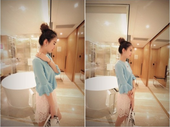 Fashion Horn Sleeve Sweet Pure Color Chiffon Unlined Upper Garment Shirt Light Blue