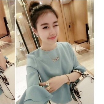 Fashion Horn Sleeve Sweet Pure Color Chiffon Unlined Upper Garment Shirt Light Blue