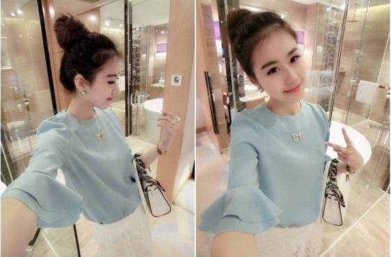 Fashion Horn Sleeve Sweet Pure Color Chiffon Unlined Upper Garment Shirt Light Blue