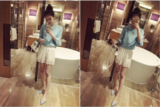 Fashion Horn Sleeve Sweet Pure Color Chiffon Unlined Upper Garment Shirt Light Blue