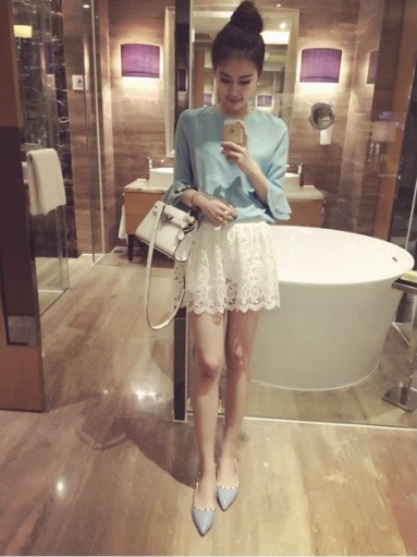 Fashion Horn Sleeve Sweet Pure Color Chiffon Unlined Upper Garment Shirt Light Blue