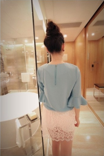 Fashion Horn Sleeve Sweet Pure Color Chiffon Unlined Upper Garment Shirt Light Blue