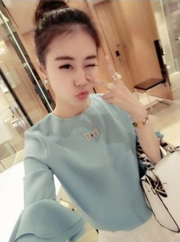 Fashion Horn Sleeve Sweet Pure Color Chiffon Unlined Upper Garment Shirt Light Blue