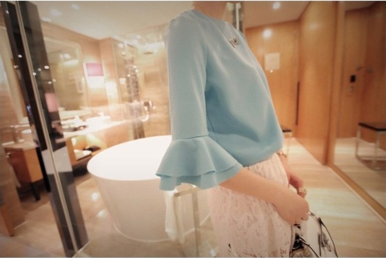 Fashion Horn Sleeve Sweet Pure Color Chiffon Unlined Upper Garment Shirt Light Blue