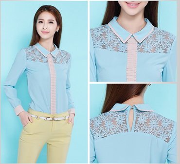 Fashion Single-breasted Long Sleeve Lace Chiffon Shirt Apricot