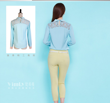 Fashion Single-breasted Long Sleeve Lace Chiffon Shirt Apricot